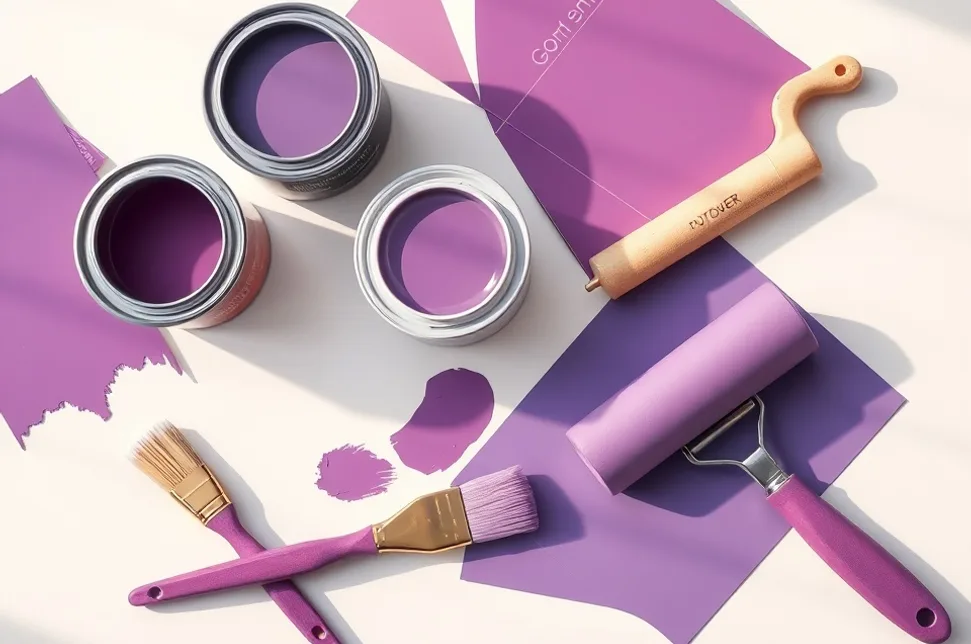 Pots de peinture, nuancier, brosses et rouleaux disposés à plat