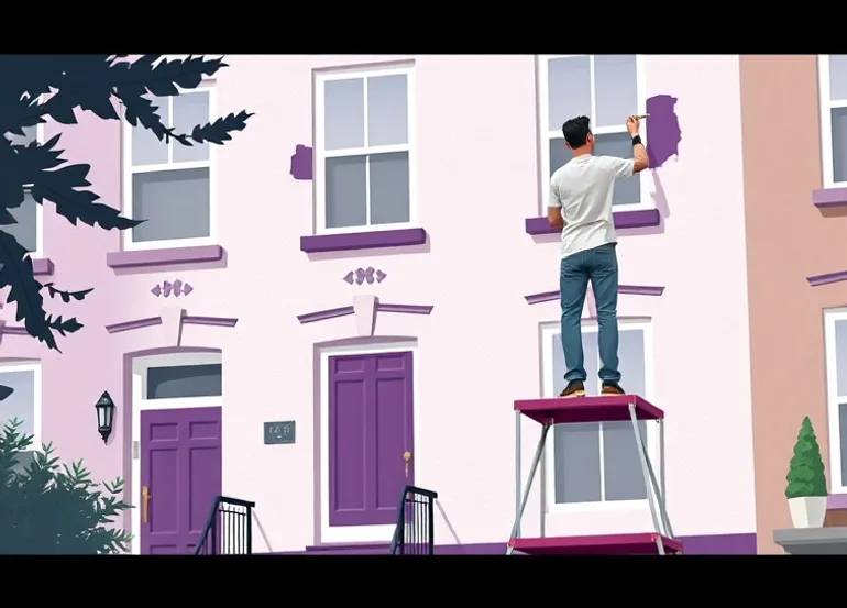 Peintre sur échafaudage traitant la façade d'une maison